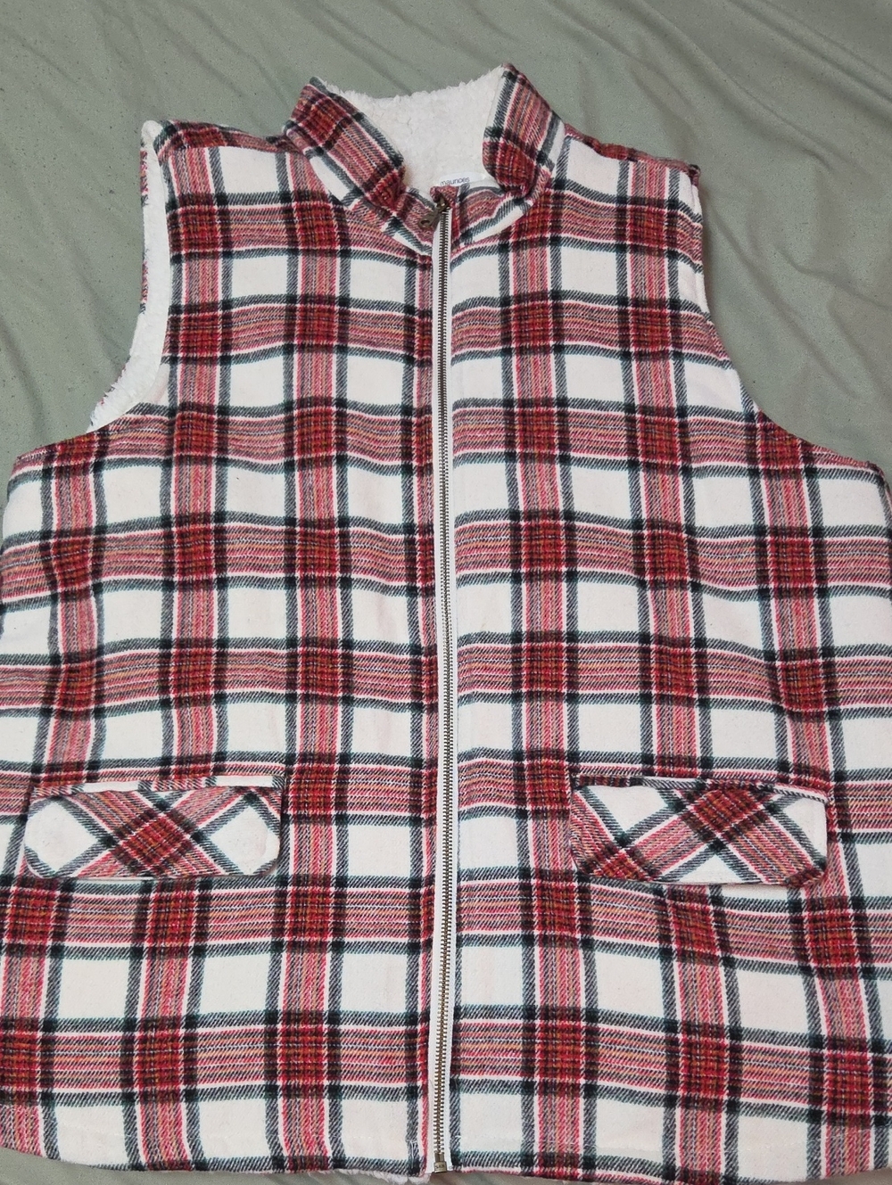 Maurices Red and White Plaid Sherpa Vest